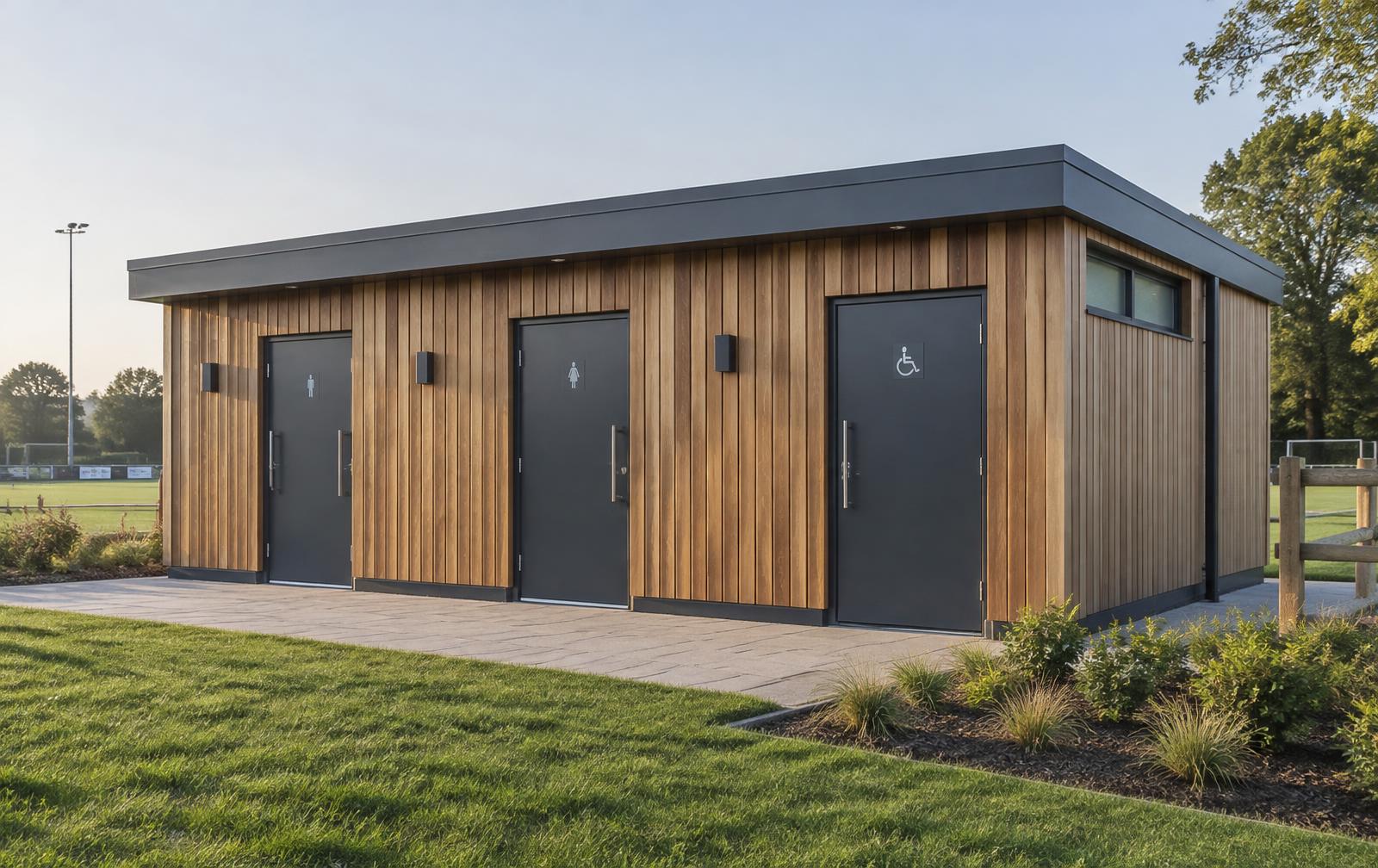 New modular toilet block with cedar cladding and separate male, female and accessible doors at a sports ground