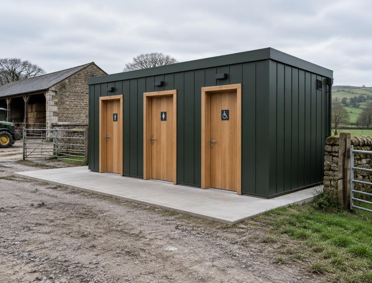 Dark green clad modular toilet building on a concrete base beside a farmyard